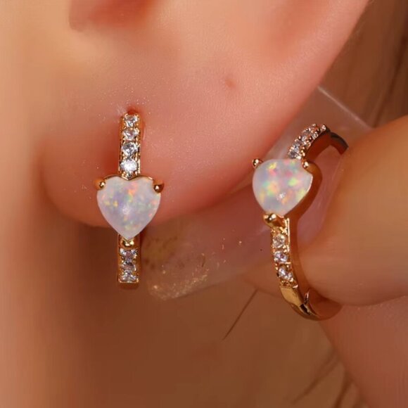 18k White Gold Opal Diamond Earrings Heart Shaped Opal Hoop Earrings - Picture 5 of 6